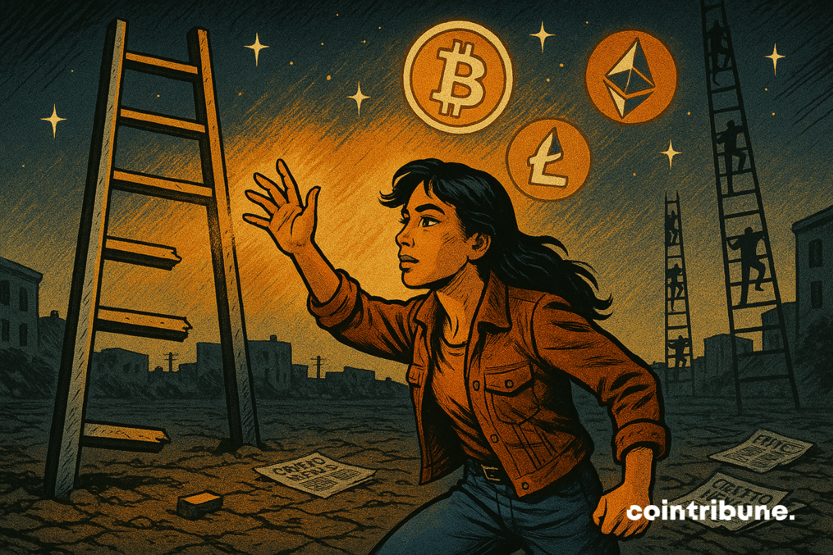 Young Latin American woman reaching for a broken ladder under a sky with crypto symbols like Bitcoin and Ethereum, in a dark urban setting with a vintage comic book style.