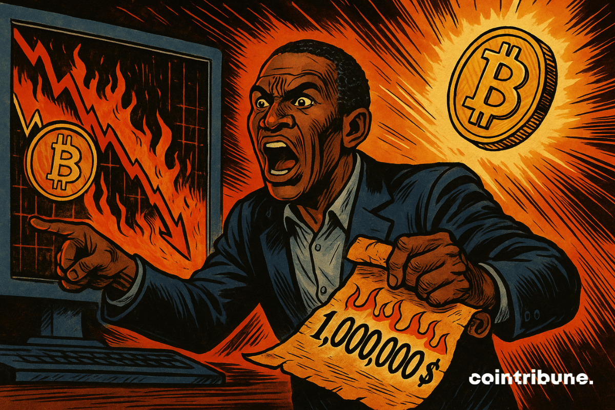 Arthur Hayes, furious and elated, points to a screen where Bitcoin is collapsing, holding a burning scroll marked ",000,000."