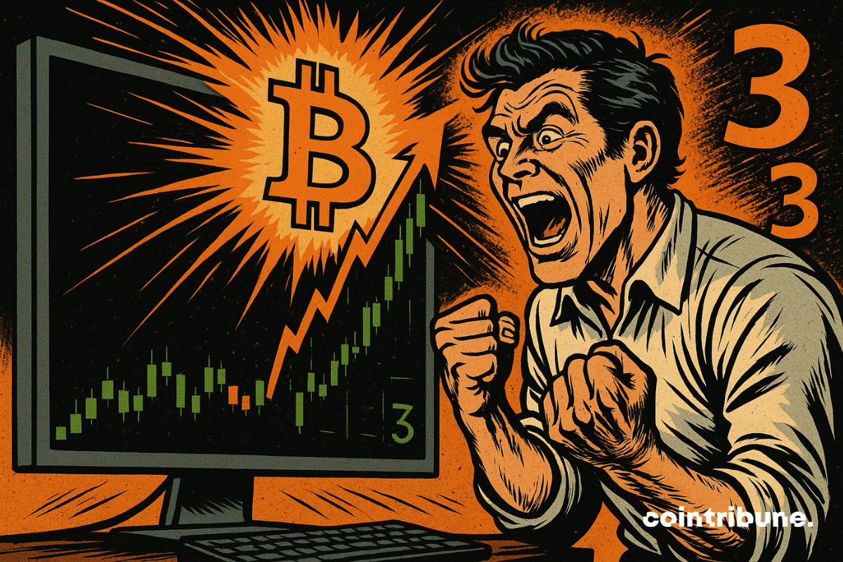 Un trader euphorique hurle de joie devant un écran affichant une flambée du Bitcoin,