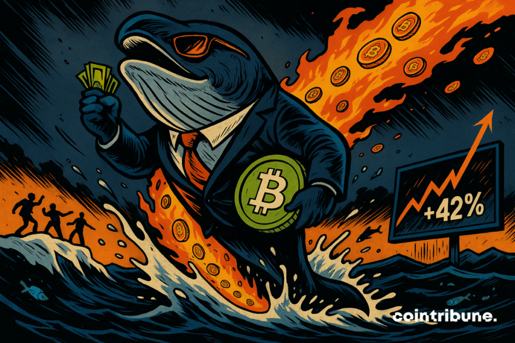 Une baleine anthropomorphe tient une liasse de billets et une pièce géante de Bitcoin Cash.