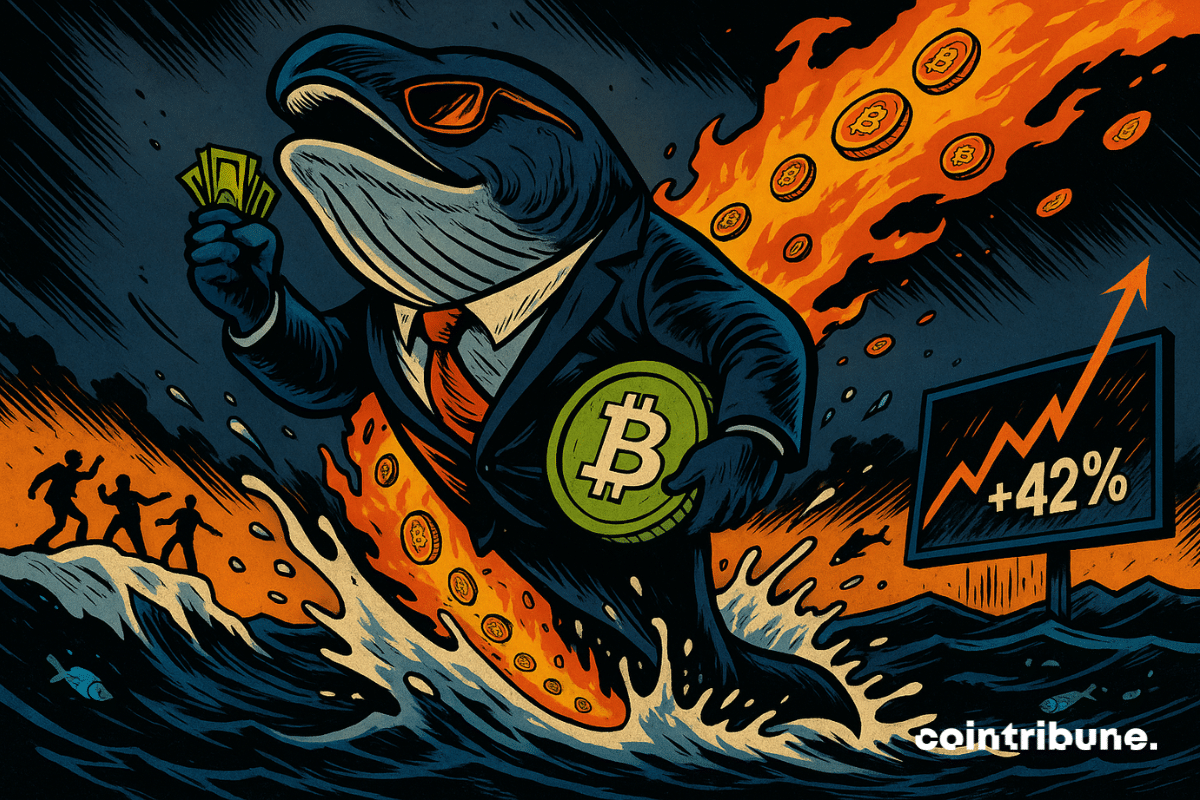 A humanoid whale holds a bundle of cash and a giant Bitcoin Cash coin.
