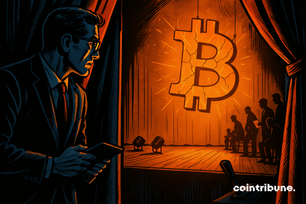 A charismatic investor, leaning slightly forward, observing or waiting for the right moment. He stands back, in the shadows. The Bitcoin logo, massive, hangs from thin cables, brilliantly illuminated like a modern deity or idol. It appears cracked, ready to “explode” or descend onto the main stage, evoking a sense of imminent tension.