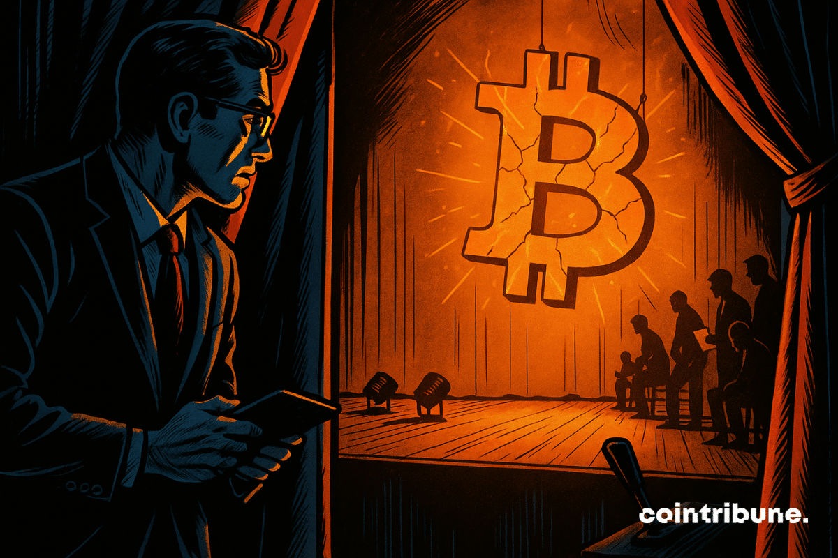 Un investisseur charismatique, penché légèrement en avant, en train d’observer ou d’attendre le moment propice. Il se tient en retrait, dans l’ombre. Le logo du Bitcoin immense, suspendu à des câbles fins, brillamment illuminé comme une divinité ou une idole moderne. Il semble fissuré, prêt à "exploser" ou descendre sur la scène principale, évoquant une tension imminente.