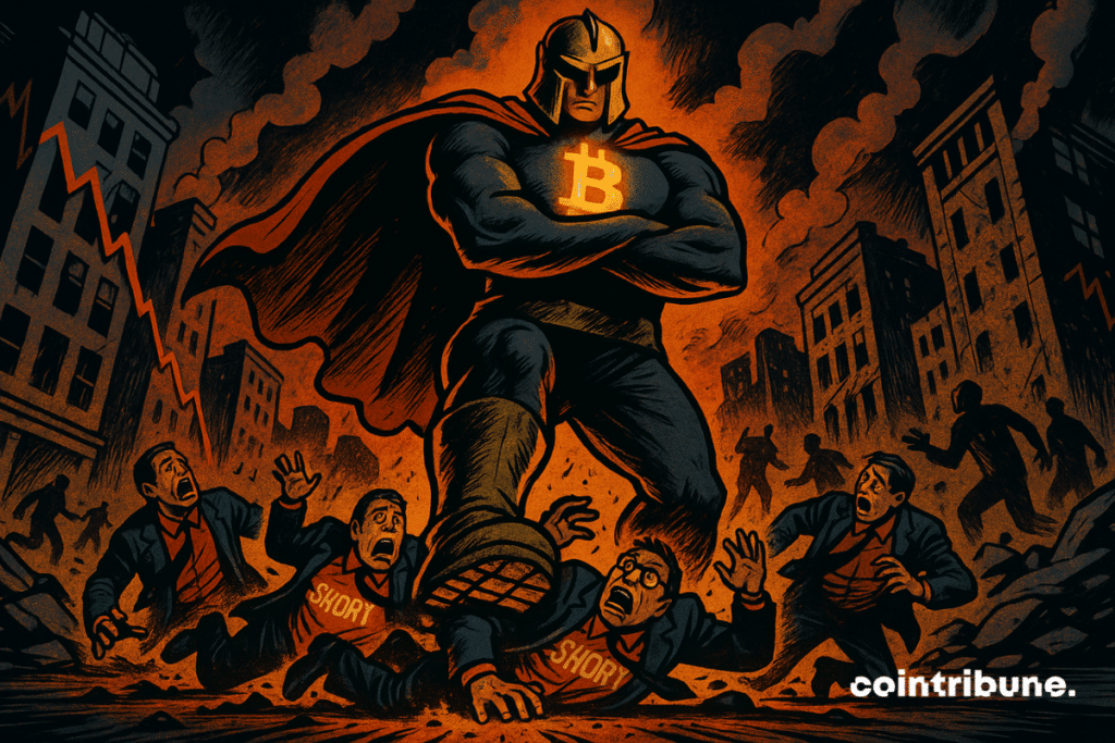 Une incarnation humanoïde du Bitcoin piétine avec assurance un groupe de personnages écrasés au sol, représentant les « short sellers ».