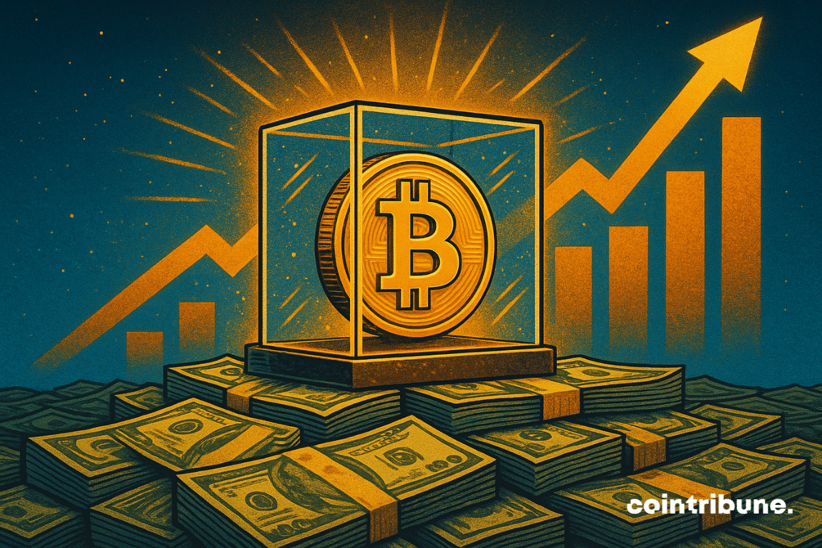 A golden Bitcoin coin displayed in a glass case, surrounded by stacks of U.S. dollars and an upward-trending chart in the background, symbolizing Bitcoin ETF inflows and rising demand.