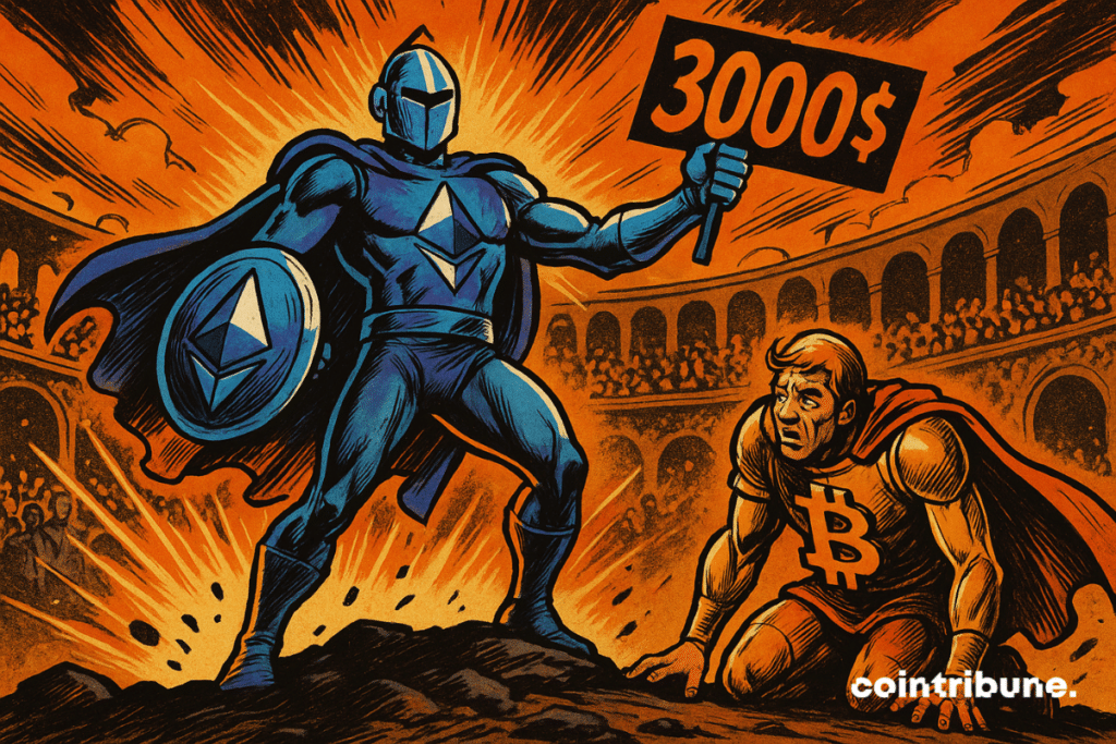 Ethereum triomphe de Bitcoin dans une arène, brandissant un panneau "3000$".