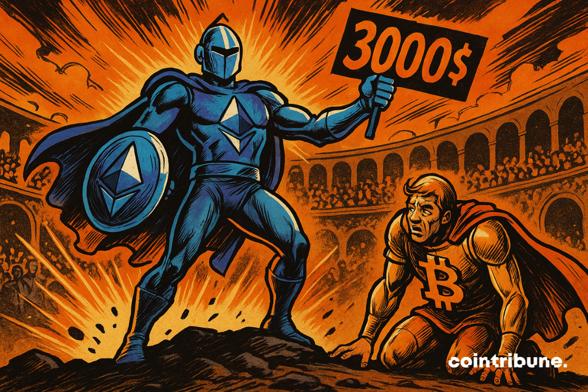 Ethereum triumphs over Bitcoin in an arena, holding up a "00" sign.