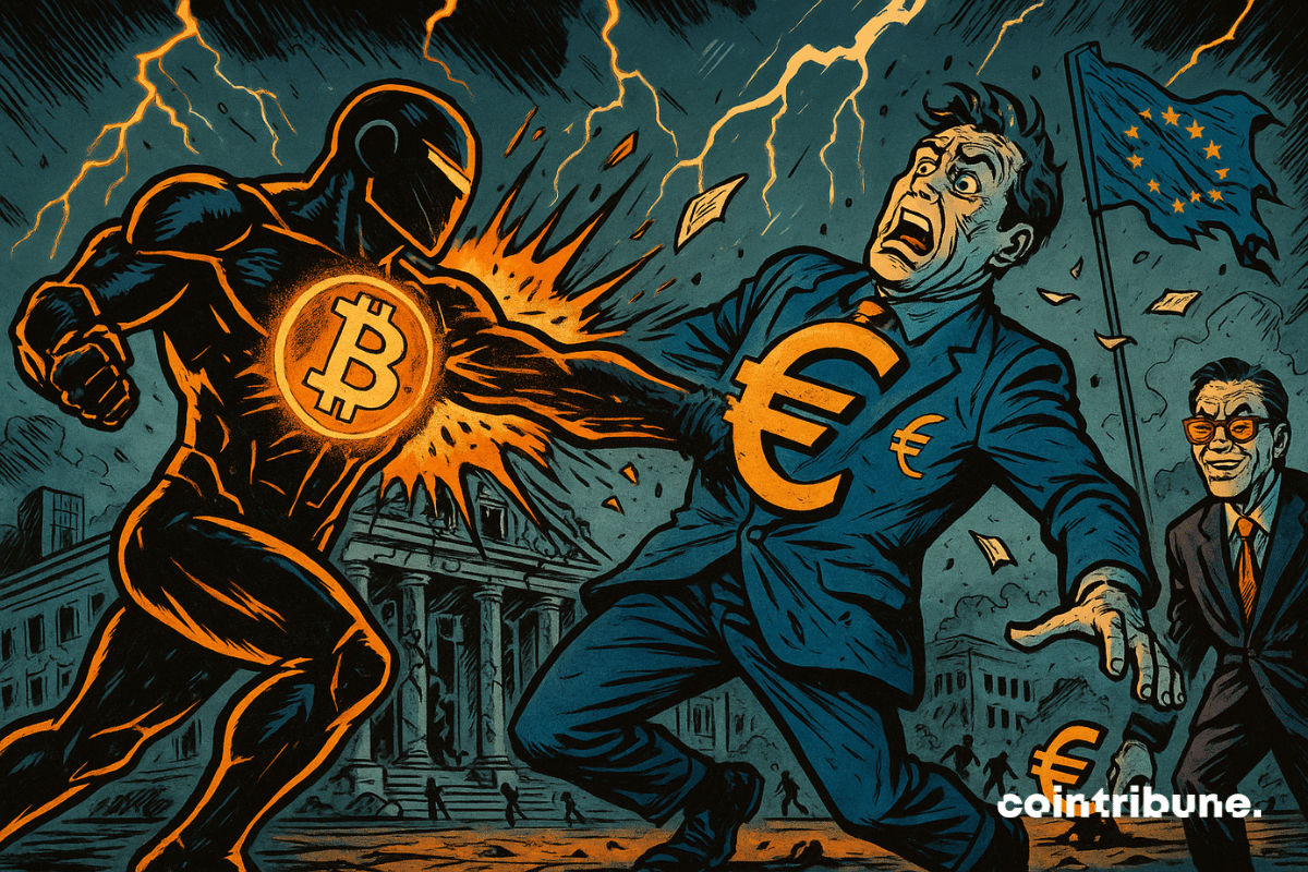 Un duelo monetario entre el Bitcoin y el euro en una gran plaza de Fráncfort, frente a un edificio inspirado en el Banco Central Europeo.