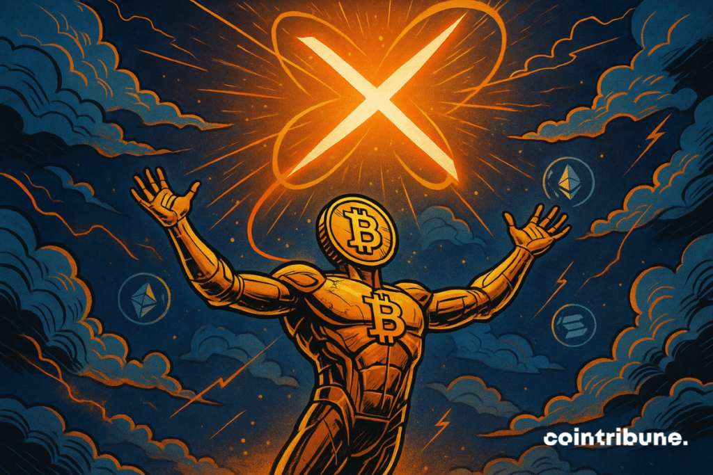 A giant humanoid figure made of golden printed circuits, representing Bitcoin personified. It stands atop a promontory of stylized clouds. Its head is replaced by a large Bitcoin logo. Its arms are raised toward the sky in a pose of victory or divine invocation.