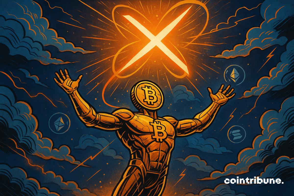 A giant humanoid figure made of golden printed circuits, representing Bitcoin personified. It stands atop a promontory of stylized clouds. Its head is replaced by a large Bitcoin logo. Its arms are raised toward the sky in a pose of victory or divine invocation.