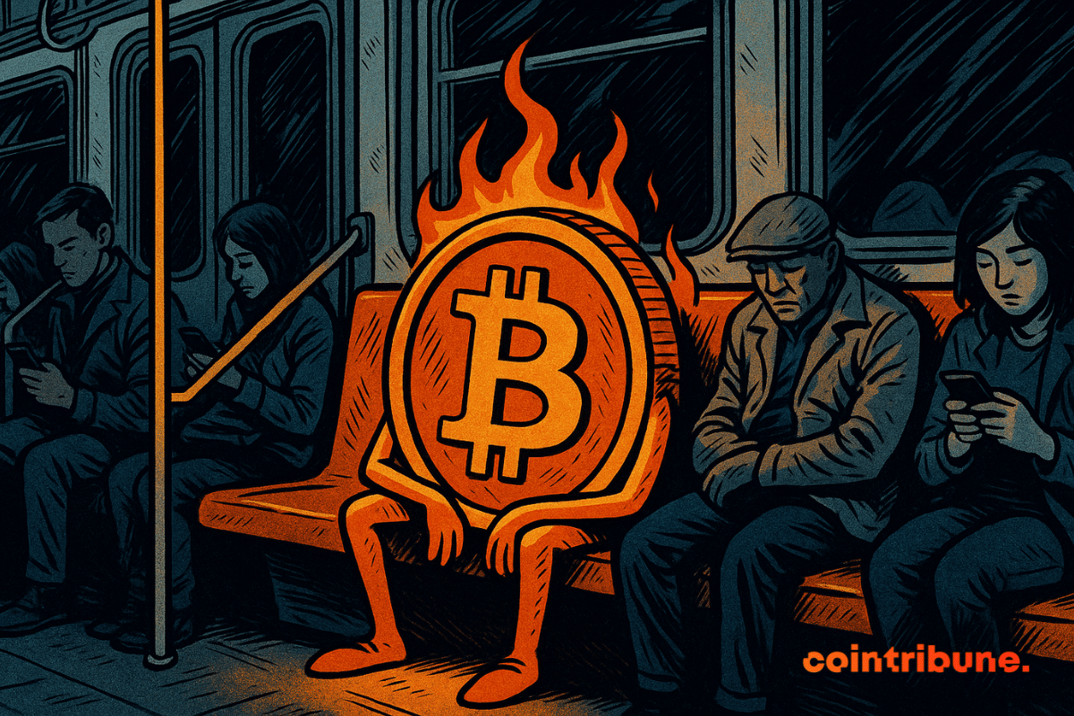 A Bitcoin coin sitting alone in the center of a subway car.