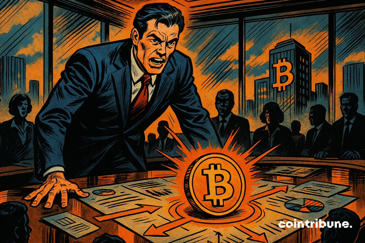 CEO apresenta Bitcoin brilhante na sala de reuniões.