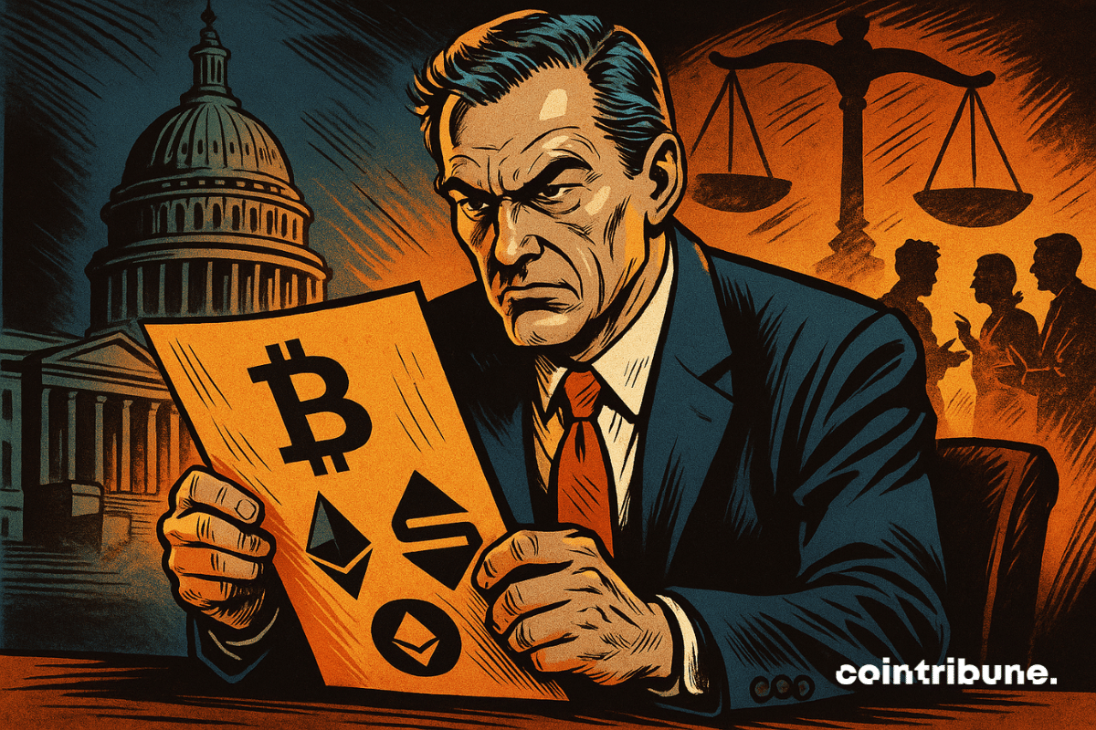 Illustration of a tense senator, holding a crypto document, with the Capitol in the background.