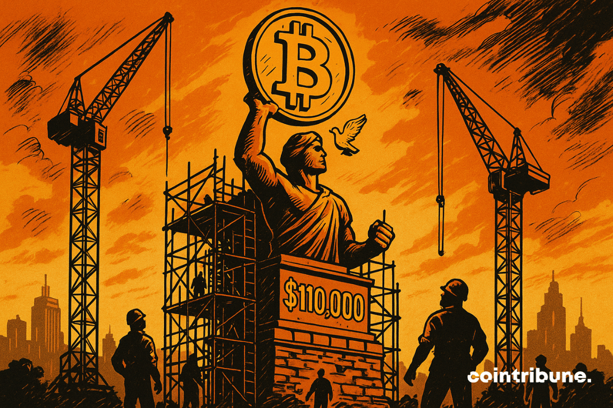 L’image représente une immense statue en construction incarnant le Bitcoin, tenant un symbole ₿ levé vers le ciel. Entourée de grues, d’échafaudages et de silhouettes d’ouvriers, la scène baigne dans des teintes orangées intenses, évoquant un coucher de soleil dramatique. Le socle de la statue arbore en grand le chiffre 110 000 $, symbole d’une percée historique imminente. Une colombe en vol ajoute une touche de paix et d’espoir, tandis que le style bande dessinée des années 70 accentue la dimension épique et monumentale de l’instant.