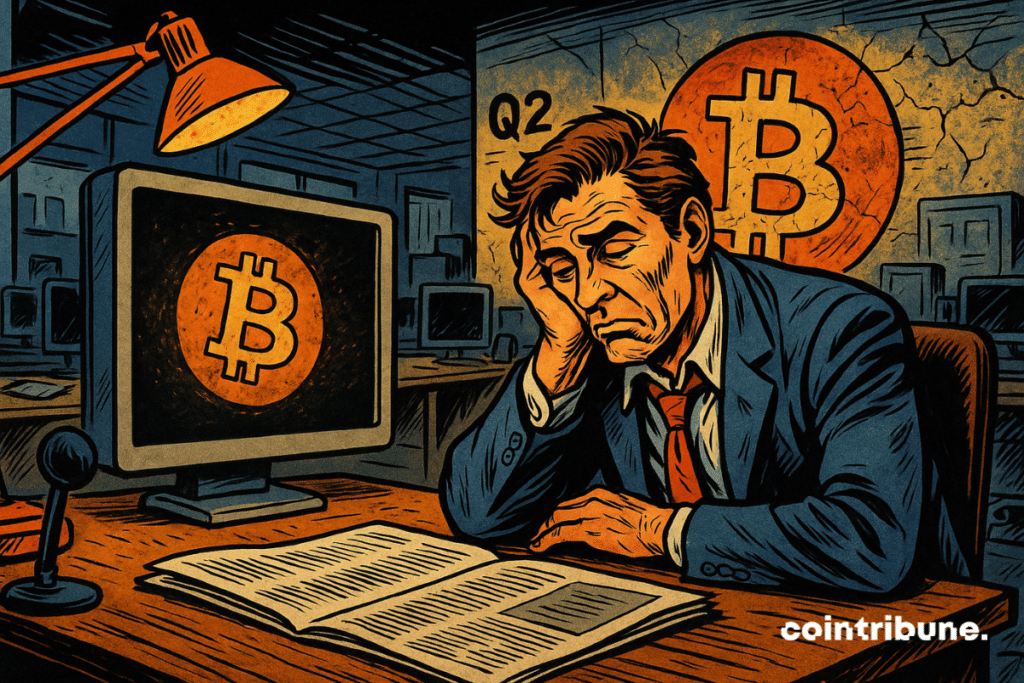 Un journaliste épuisé, affalé sur son bureau dans une salle de rédaction sombre, fixe un écran affichant le logo Bitcoin.
