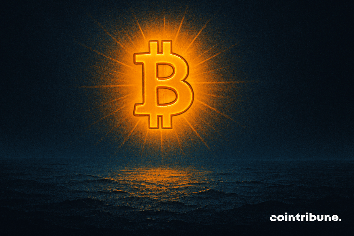 Un símbolo de luz de Bitcoin se encuentra junto a un océano sombrío y tranquilo, simbolizando los precios elevados de BTC en un entorno de una débil actividad en la cadena y de una memoria habitable.