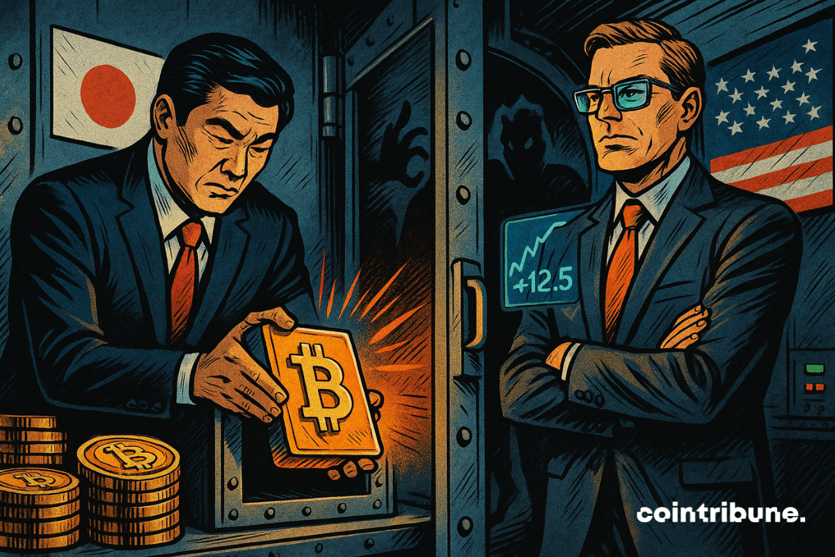 Deux dirigeants respectivement de Metaplanet et Semler observent des pièces de Bitcoin dans une forteresse.