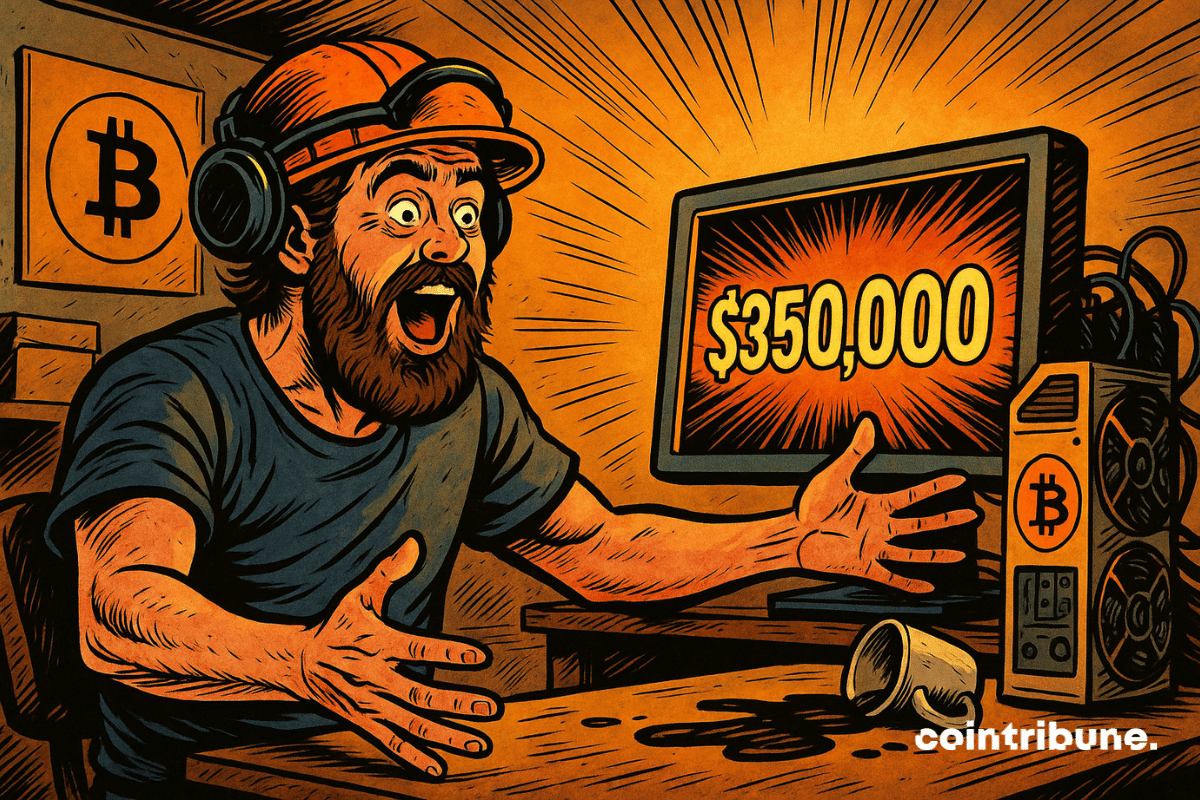 Un mineur Bitcoin débraillé avec casque sur les oreilles, penché en arrière, les bras grands ouverts, yeux écarquillés. Il observe un rig de minage artisanal, écran avec chiffre « 350 000 $ ».