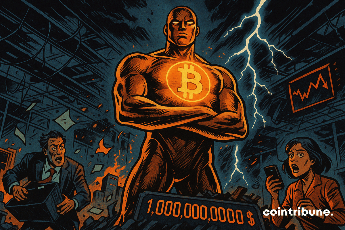 Uma figura humanoide gigante representando o Bitcoin personificado está de pé no centro, calma e impassível, como um colosso inabalável em meio ao caos. O símbolo ₿ luminoso em seu peito capta a luz dos relâmpagos. Uma luz circular laranja o envolve, como uma aura de energia. Na parte inferior da imagem, os números “1.000.000.000.000 $” aparecem em LEDs quebrados sobre uma tela colapsada.
