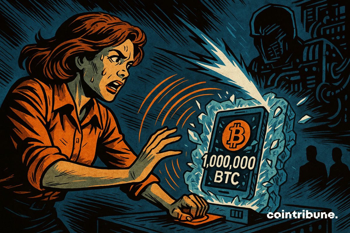 Uma máquina quântica prestes a disparar um raio contra uma carteira de Bitcoin. Uma engenheira em pânico tenta ativar um campo de força digital.