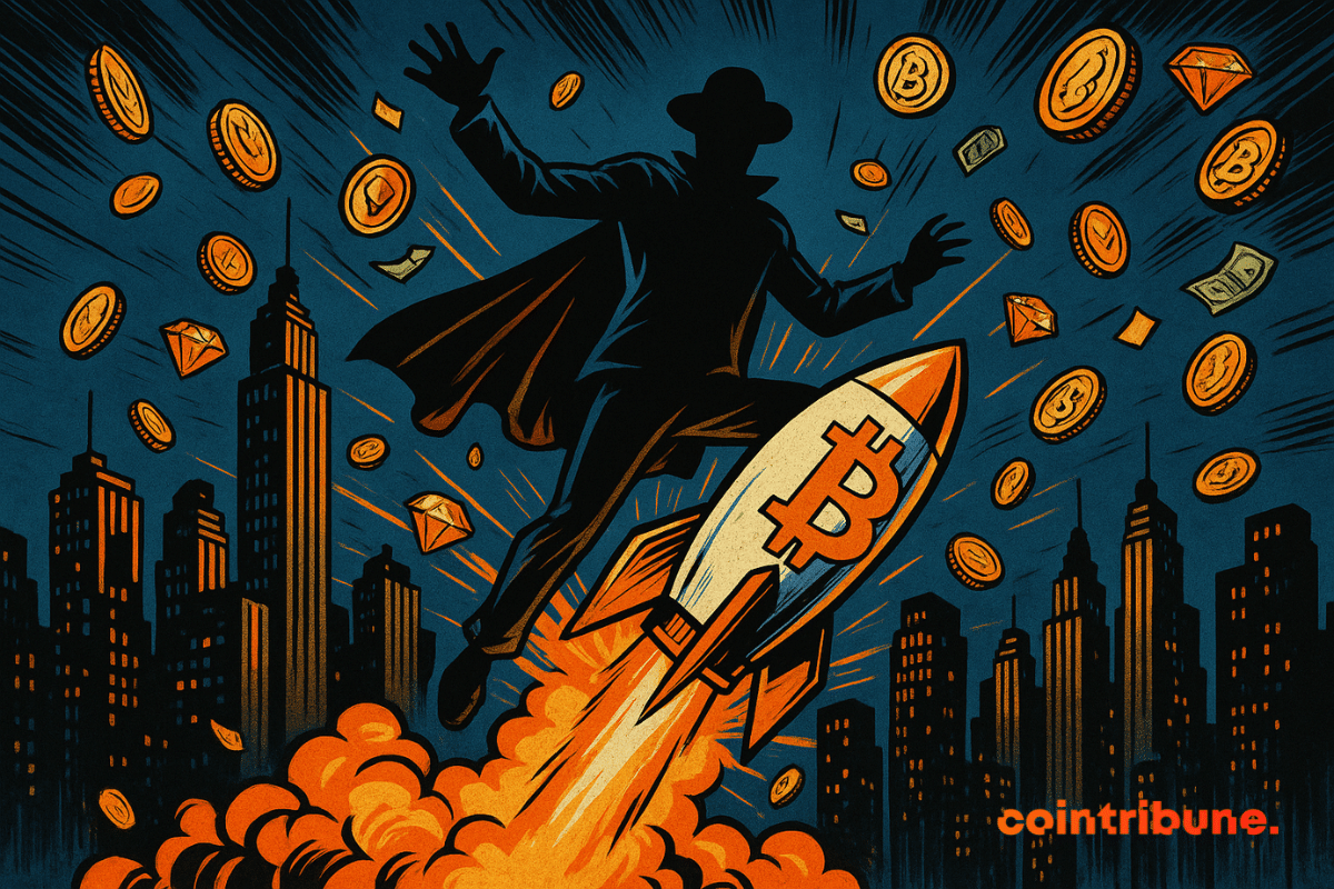 Un personnage mystérieux s'élève dans le ciel nocturne sur une fusée ornée du logo Bitcoin