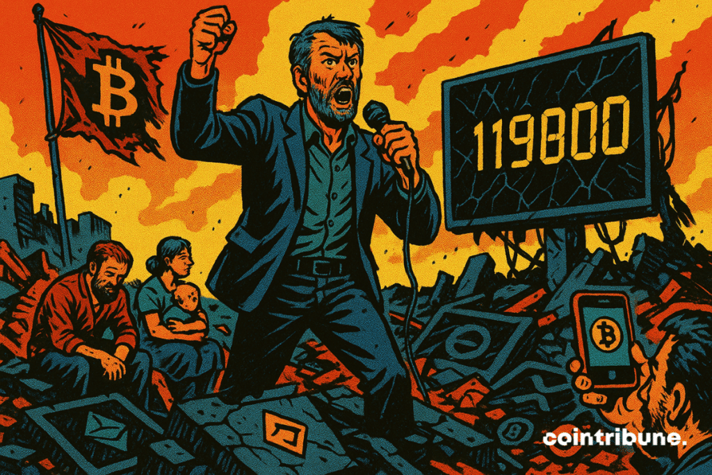 Saylor stands on a collapsed platform, arms raised in a leader's pose, holding a microphone. He improvises a speech amid a ruined market, symbolizing his quote to rally Bitcoin investors.