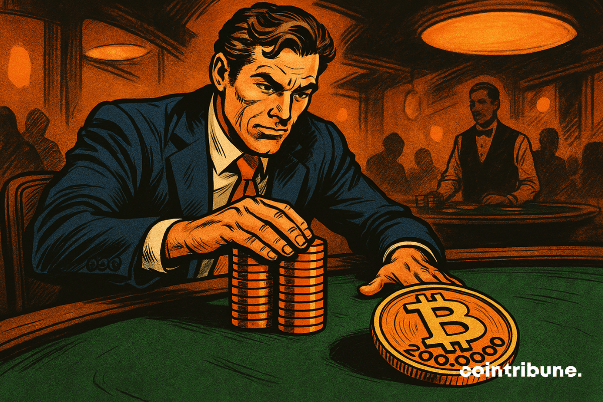 Un représentant de la banque Standard Chartered pose une énorme pile de jetons sur un Bitcoin gravé « 200 000 ».