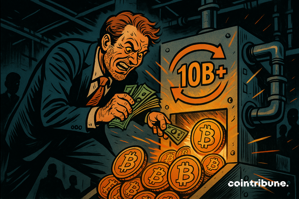 An overexcited CEO stuffs wads of cash into a machine that prints bitcoin.
