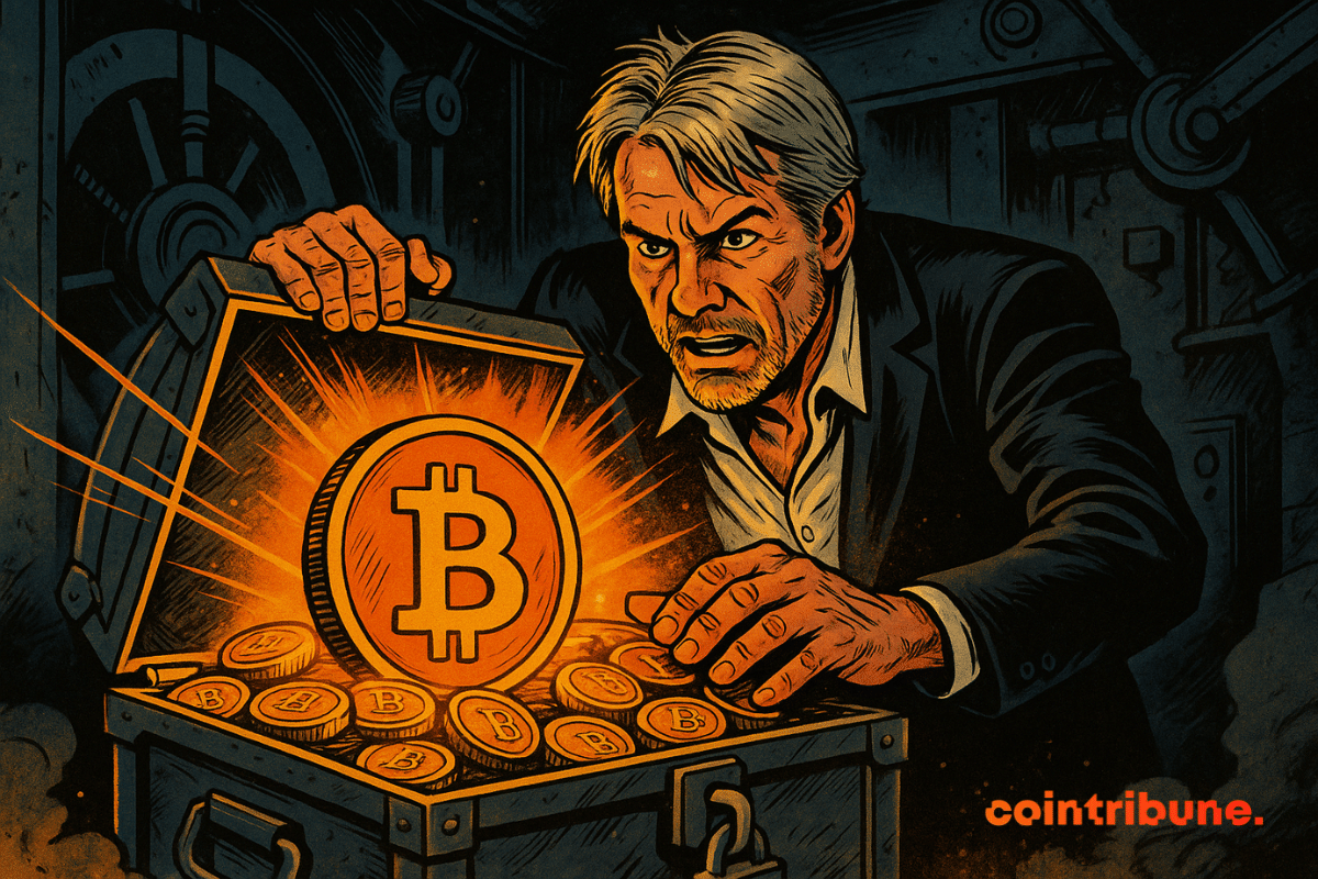 Illustration of Michael Saylor resuming his Bitcoin purchases.