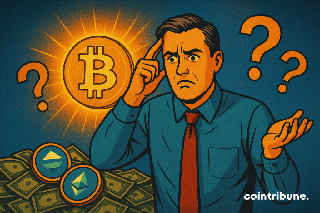 Un homme confus entouré de symboles Bitcoin et Ethereum, illustrant le manque généralisé de compréhension de la cryptomonnaie.