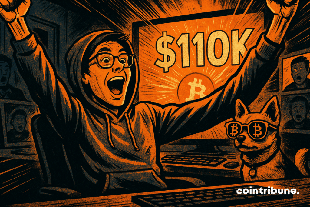 Un trader de cryptomonnaie lève les bras devant un écran affichant « 110 000 $ » et le logo Bitcoin.