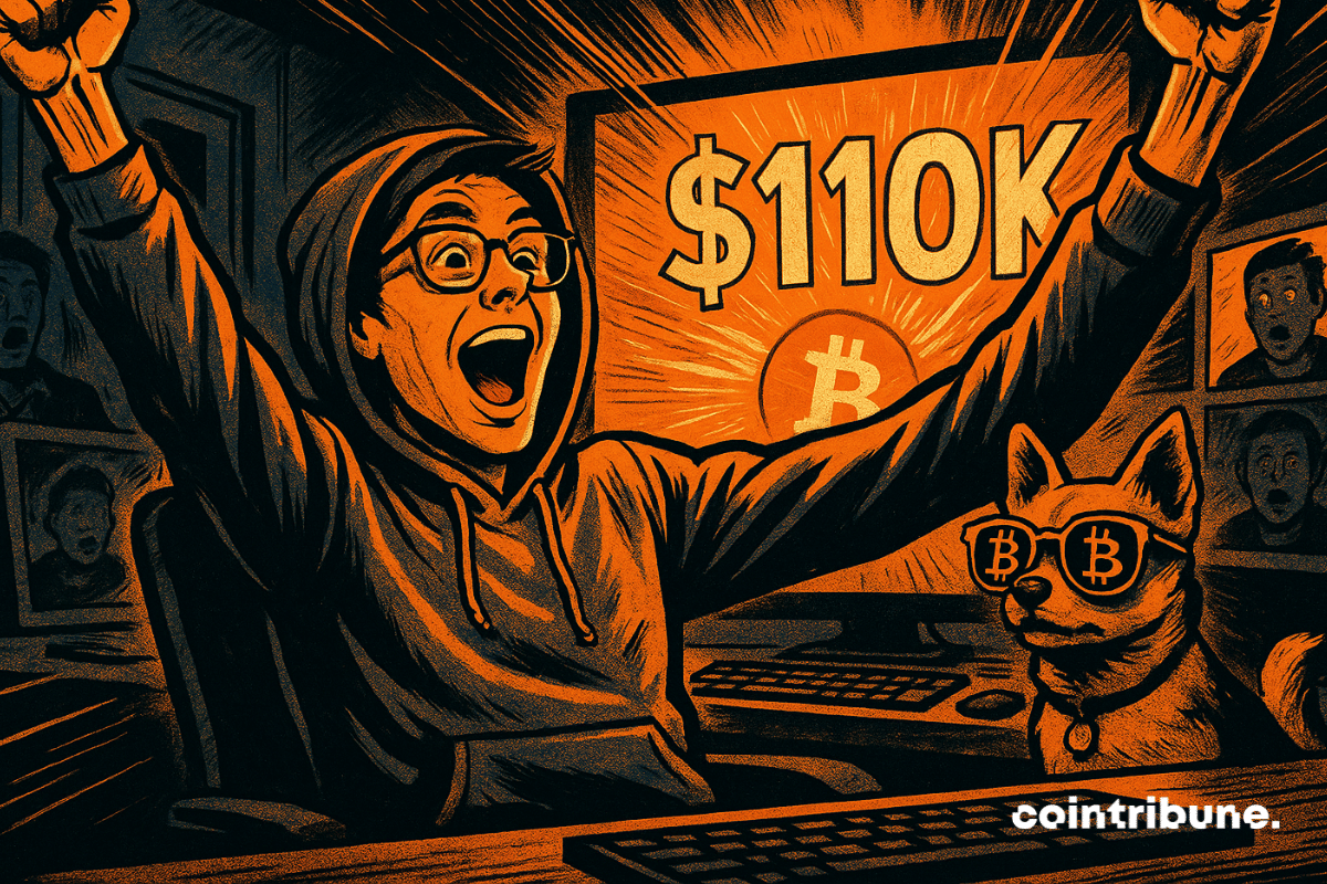 Un trader de cryptomonnaie lève les bras devant un écran affichant « 110 000 $ » et le logo Bitcoin.