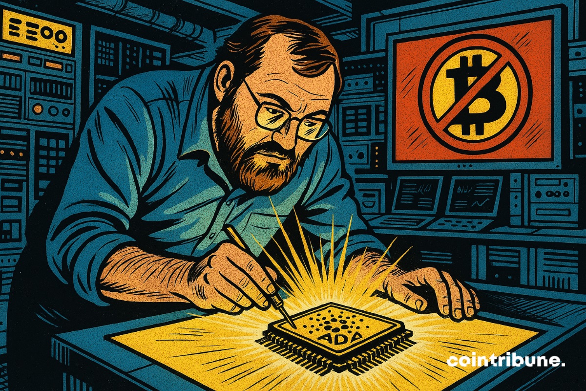 El fundador de Cardano, Charles Hoskinson, trabajando en un ADA superpotente, mientras que el bitcoin aparece tachado en un cartel detrás.
