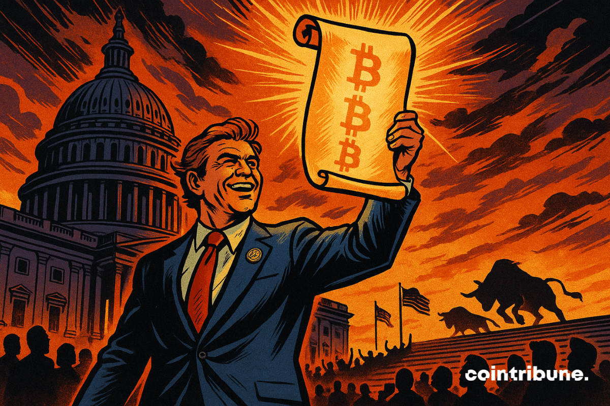 A triumphant politician in a suit holds a glowing scroll with Bitcoin symbols on the steps of the U.S. Capitol at sunset, as bulls charge and a crowd watches.