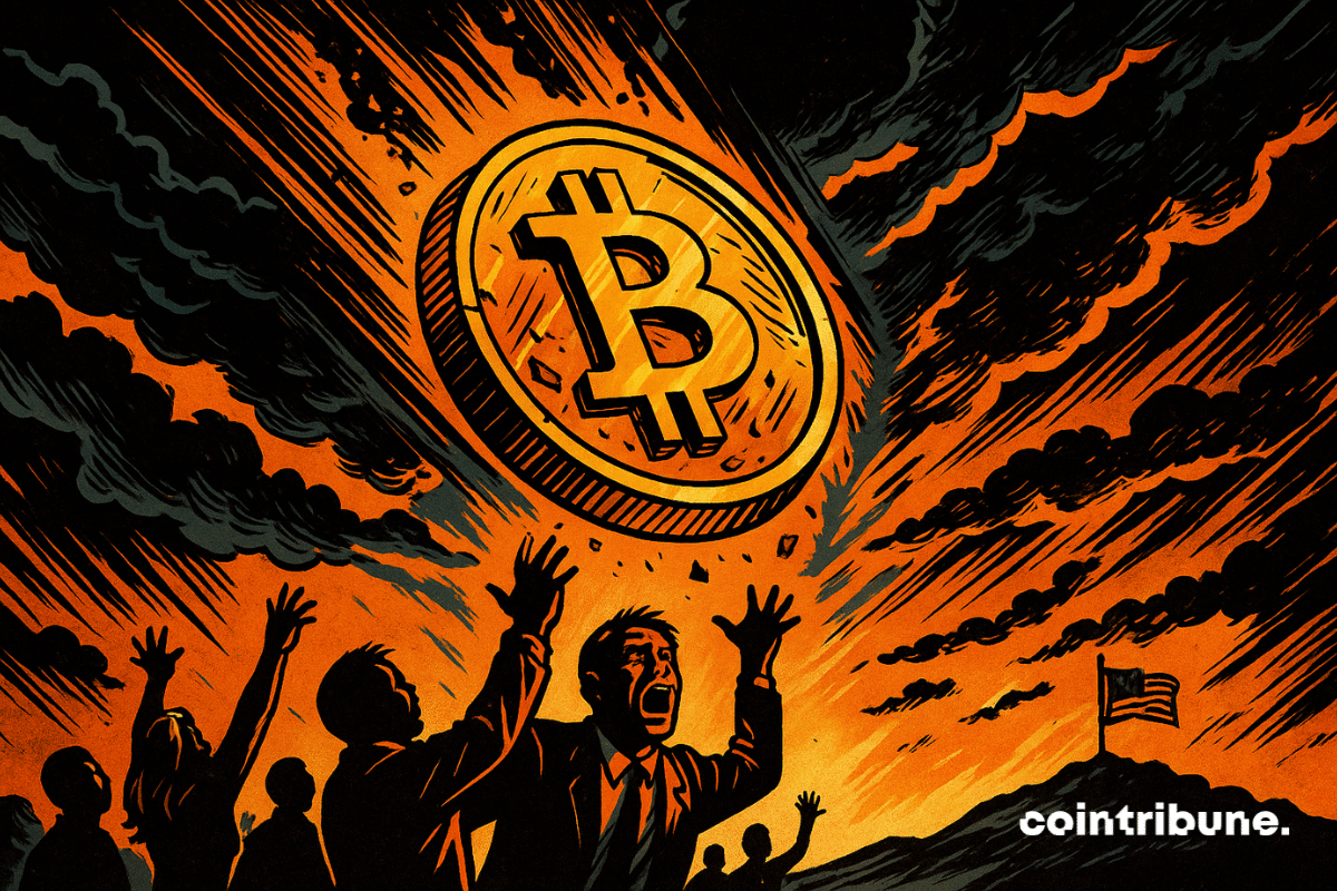 Un immense Bitcoin en chute libre illumine un ciel apocalyptique orange, tandis qu'une foule en panique lève les bras vers lui.