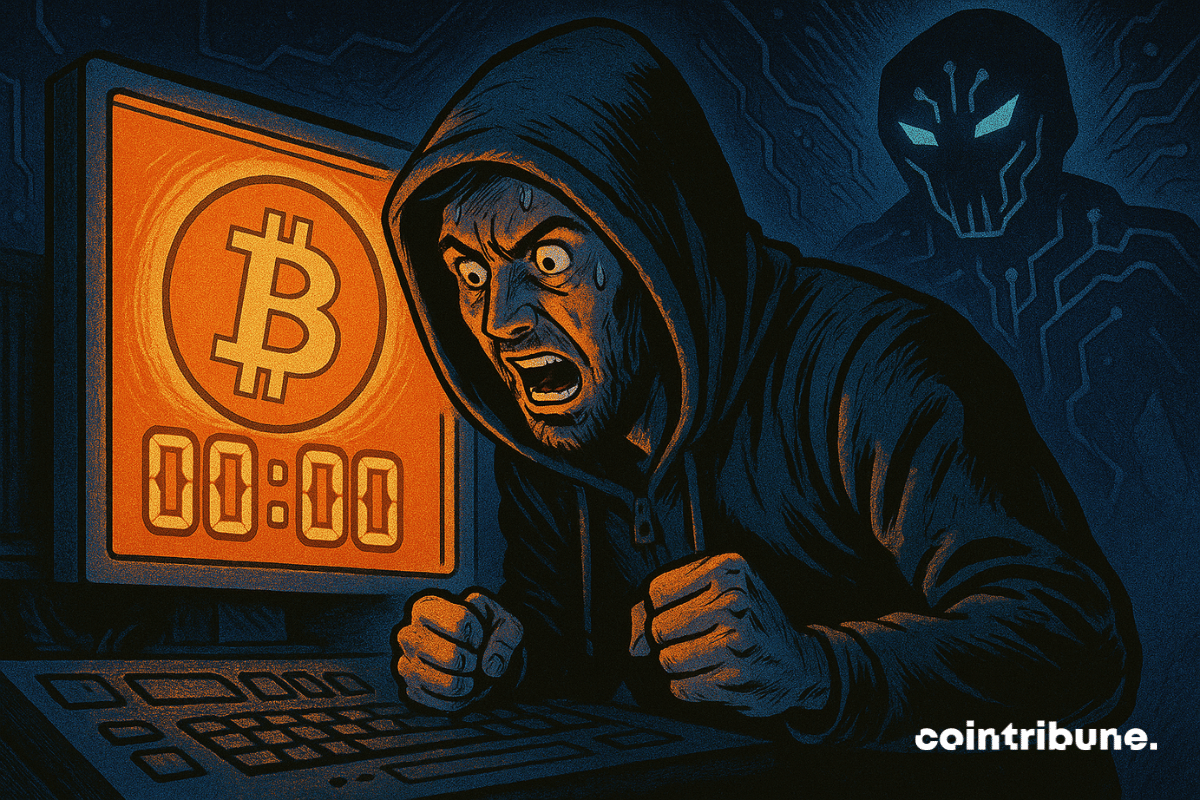 Un hacker encapuchonné, visiblement paniqué, fixe un écran d’ordinateur où s’affiche un énorme logo Bitcoin accompagné d’un compte à rebours arrivé à zéro. En sueur, les poings crispés sur le clavier, son visage exprime la peur et la tension extrême. Derrière lui, une silhouette menaçante – une entité humanoïde abstraite faite de circuits lumineux – symbolise l’ombre grandissante de l’informatique quantique. La scène baigne dans un contraste dramatique de bleu froid et d’orange incandescent, évoquant un moment critique où Bitcoin semble au bord d’une faille technologique irréversible.