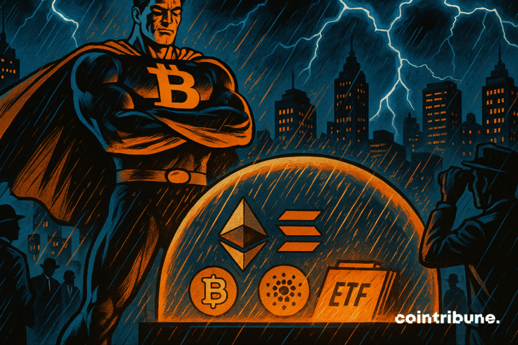 Bitcoin superhero shielding altcoins from a storm.