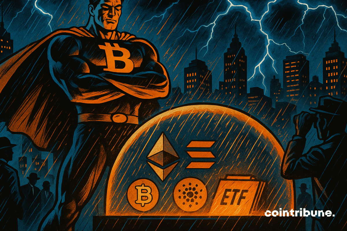 Bitcoin superhero shielding altcoins from a storm.