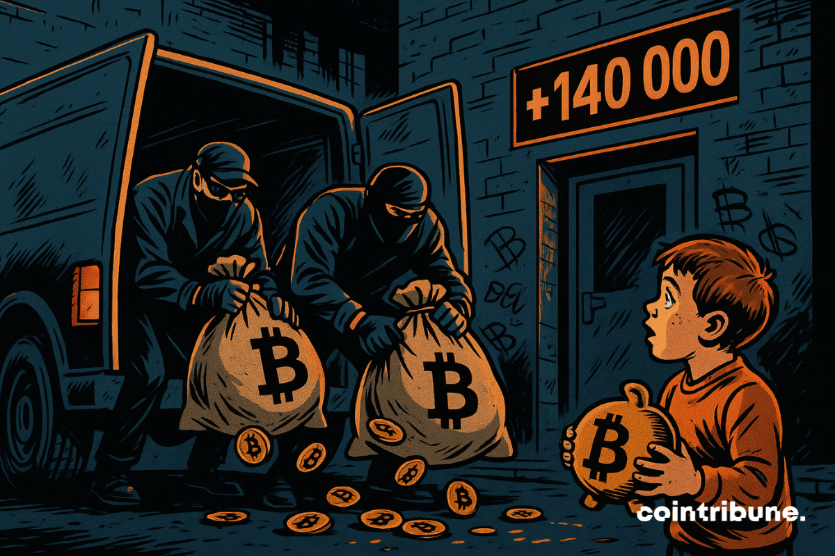 Dos repartidores anónimos, con los rostros parcialmente cubiertos por gorras o gafas oscuras, están descargando grandes sacos marcados con el logotipo ₿ de Bitcoin.