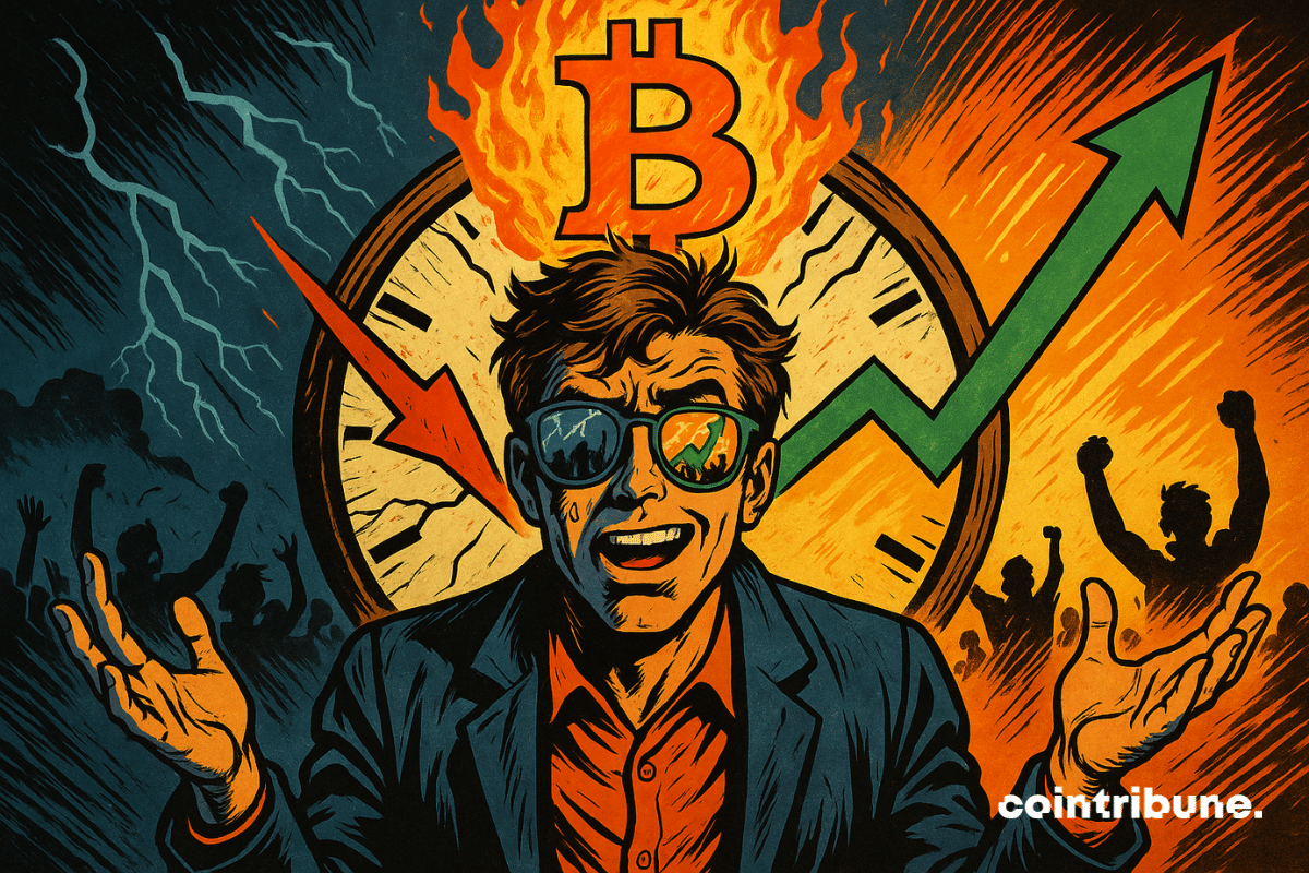 A man in a suit stands before a cracked clock split by rising and falling arrows, with a flaming Bitcoin above and contrasting scenes of panic and celebration reflected in his sunglasses.
