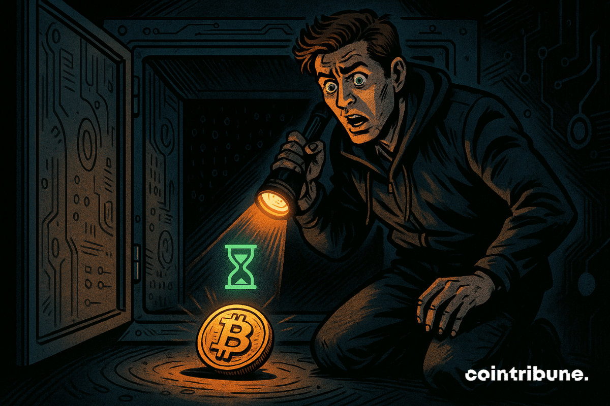 Un investisseur brandit une lampe torche orange qui éclaire le fond du coffre. Il a l’air abasourdi, bouche entrouverte, yeux écarquillés, penché légèrement en avant. Une unique pièce de Bitcoin (dorée avec le symbole "₿") posée au sol du coffre, isolée, baignée de lumière. La pièce semble légèrement usée, et elle projette un reflet brillant qui contraste violemment avec l’environnement terne.