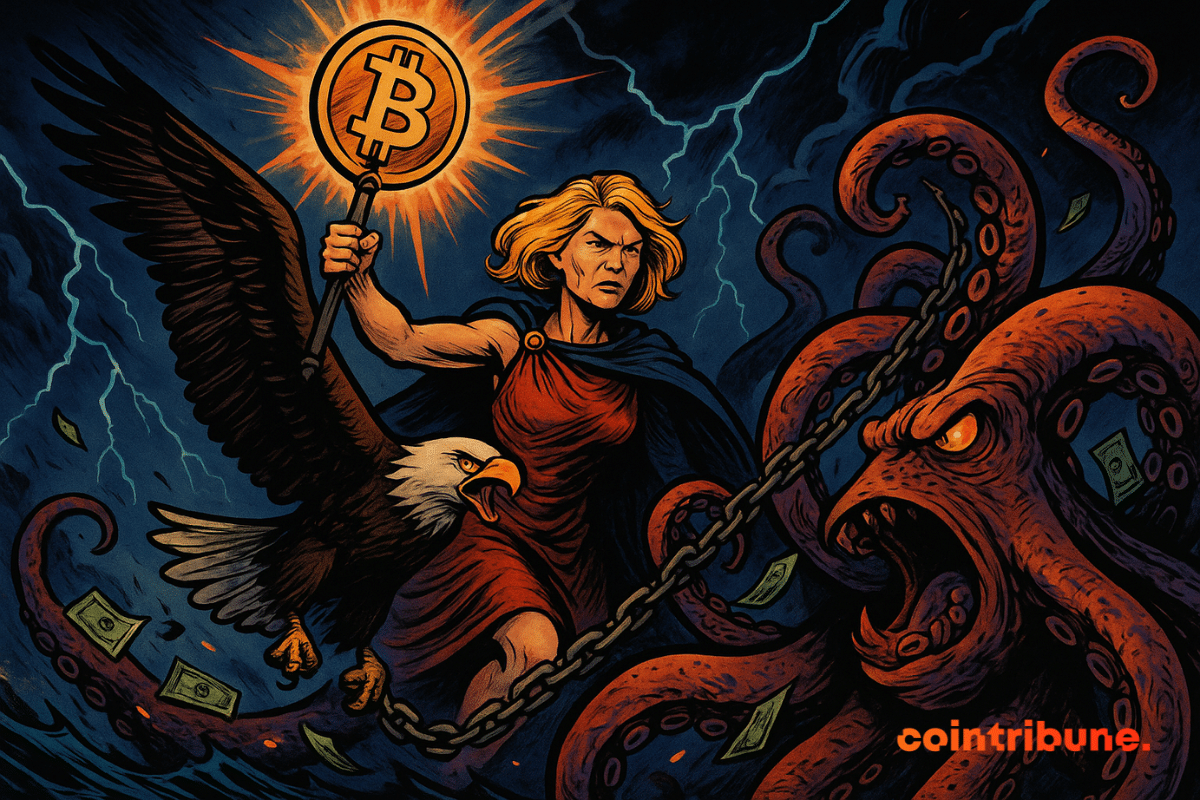 Une femme féroce chevauche un pygargue à tête blanche dans un ciel orageux, tenant un bâton Bitcoin lumineux alors qu'elle combat une pieuvre rouge géante avec des billets de dollars emmêlés dans ses tentacules.