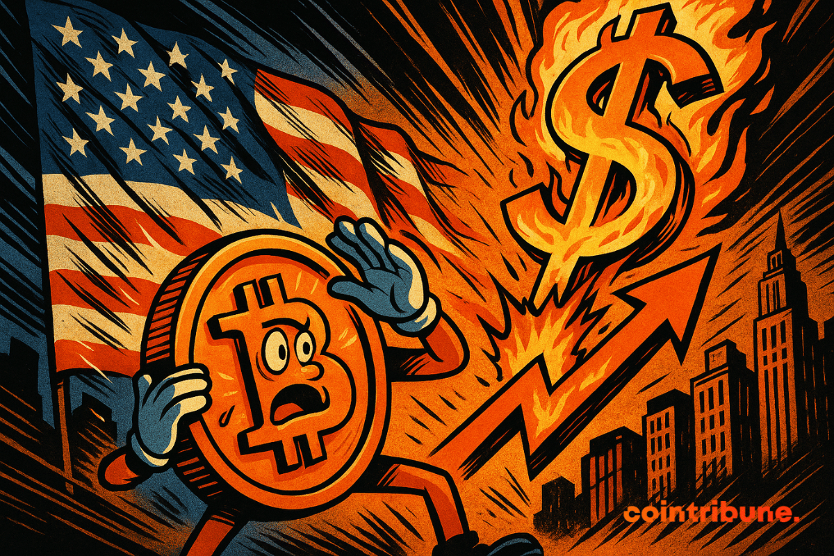 Illustration style comics représentant le Bitcoin apeuré face à un dollar en flammes grimpant en flèche.