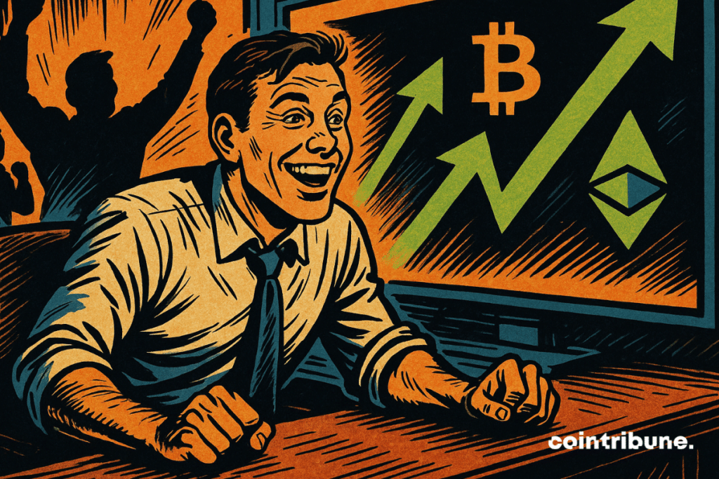La comerciante sonriente observa a Bitcoin y Ethereum subir en pantalla.