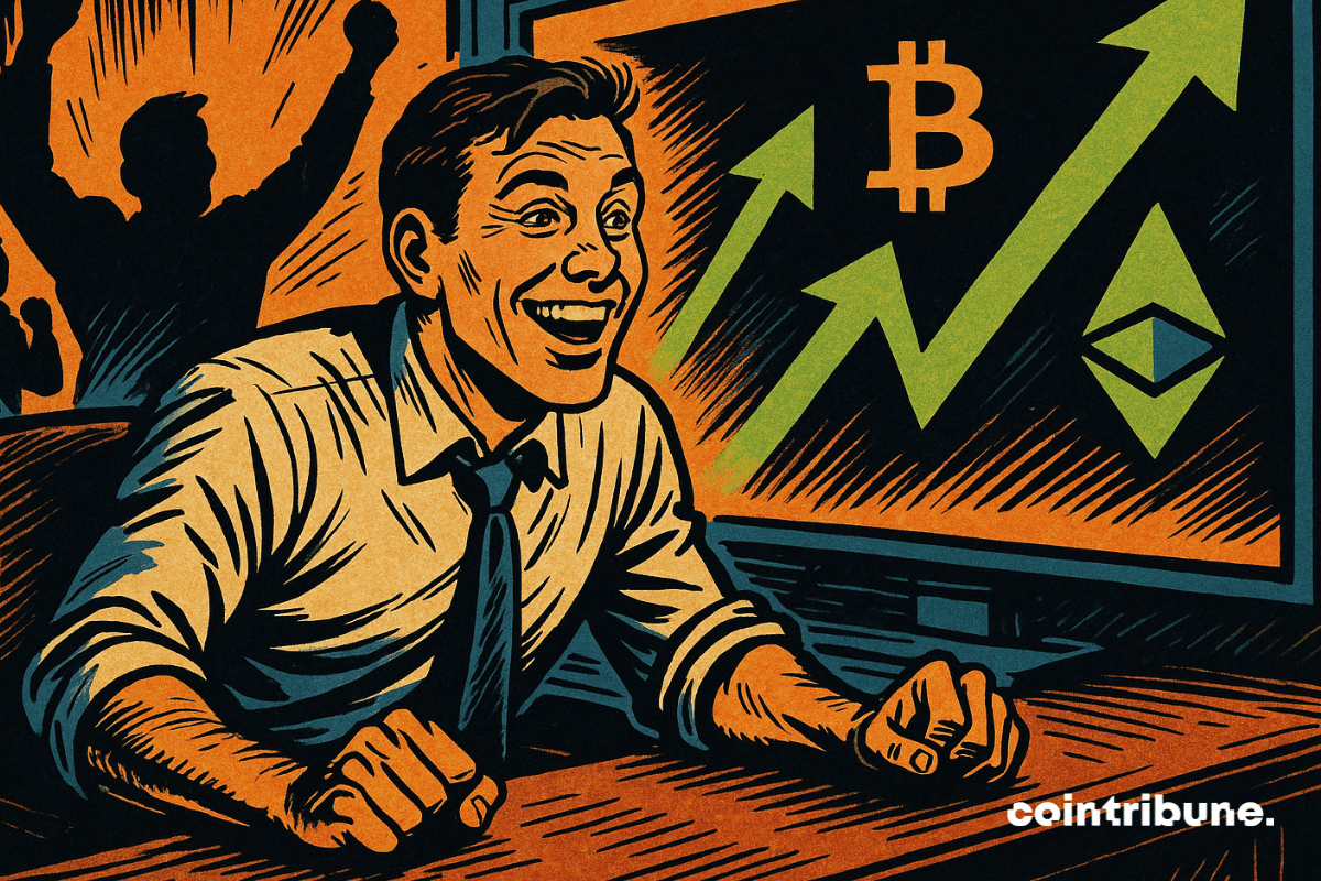 Comerciante sorridente observa a alta do Bitcoin e do Ethereum na tela.