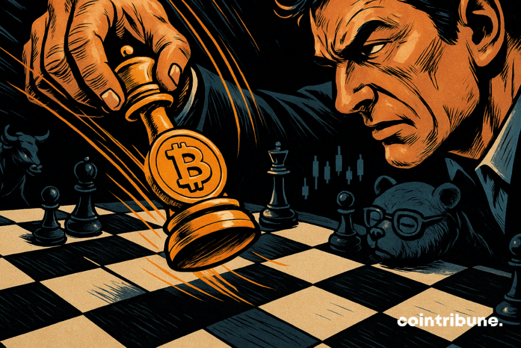 Trader moving a Bitcoin chess piece on a symbolic board.