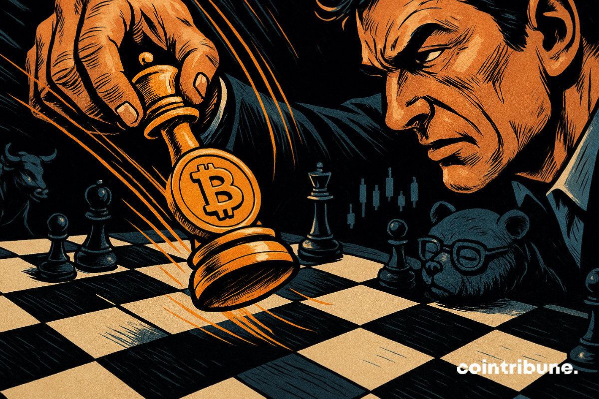 Trader moving a Bitcoin chess piece on a symbolic board.