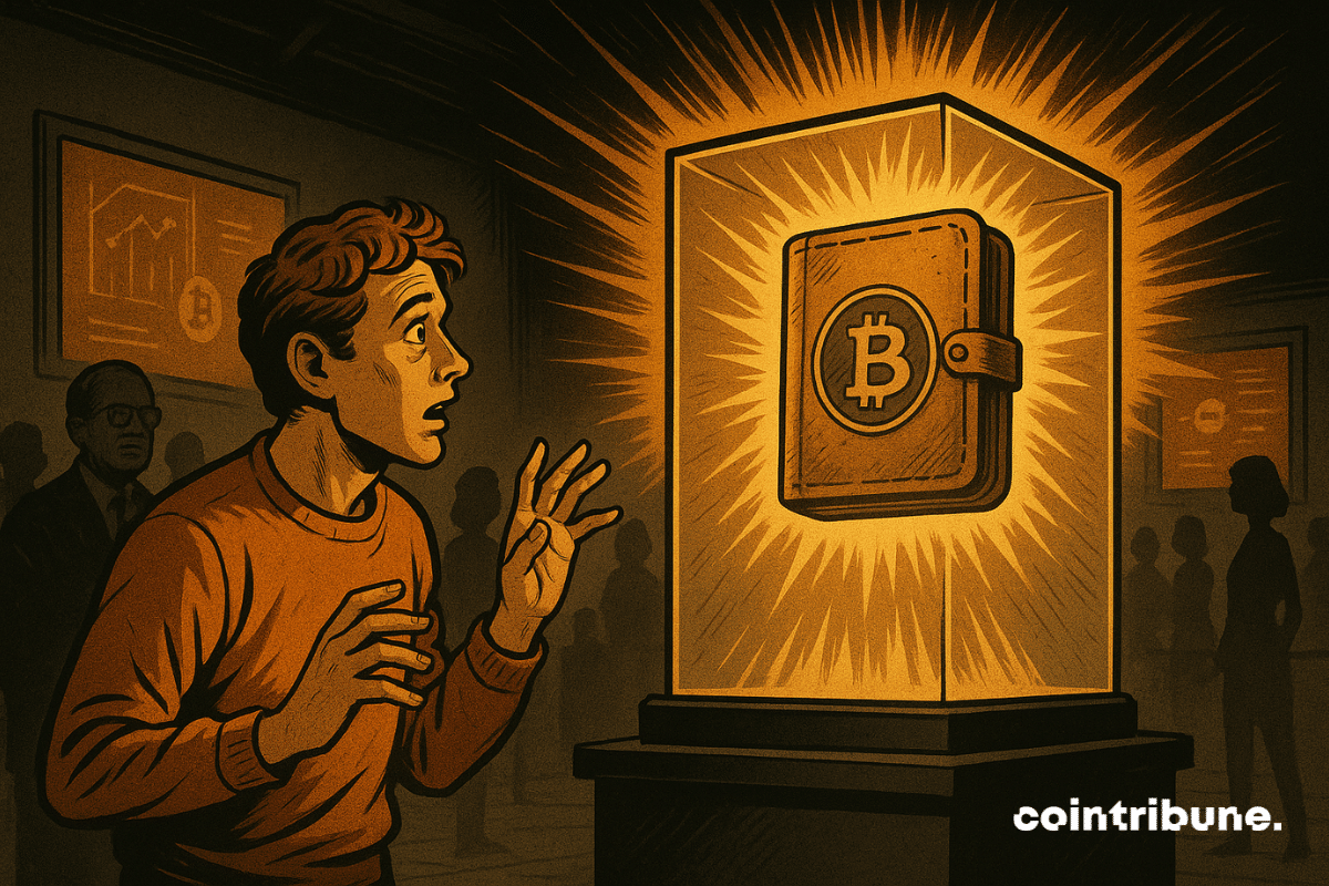 Um jovem curador de cripto, em pânico ao ver a carteira de Bitcoin piscando “transferência em andamento”.