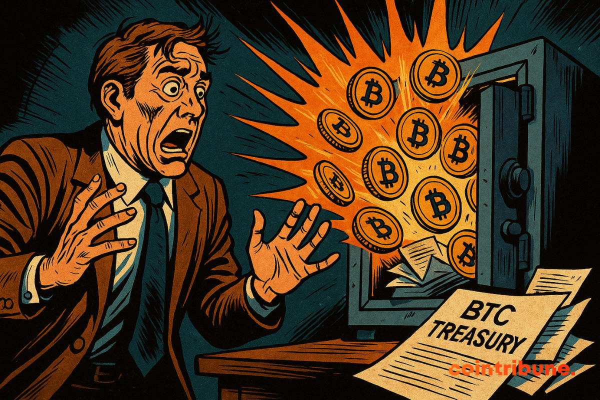 Un homme surpris en costume regarde avec horreur des pièces de Bitcoin brillantes jaillir de manière explosive d'un coffre-fort ouvert étiqueté « BTC Treasury », dispersant des papiers.
