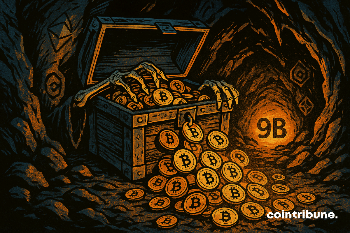Las manos de un esqueleto emergen de un antiguo cofre de madera rebosante de brillantes monedas de Bitcoin en una cueva oscura iluminada por un resplandor naranja, con "9B" brillando en la pared.